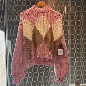 Altar'd State Pink Argyle Chunky Knit Cowl Sweater